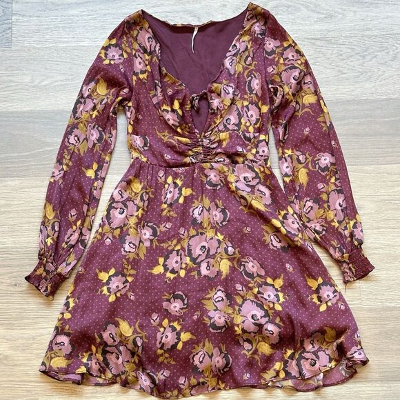 Free People Dress Women 8 Peasant Boho Floral Polka Keyhole Lantern Sleeve - Picture 1 of 12